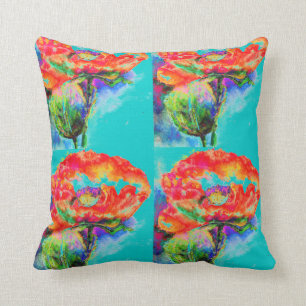 Red Poppy - teal Throw Pillow
