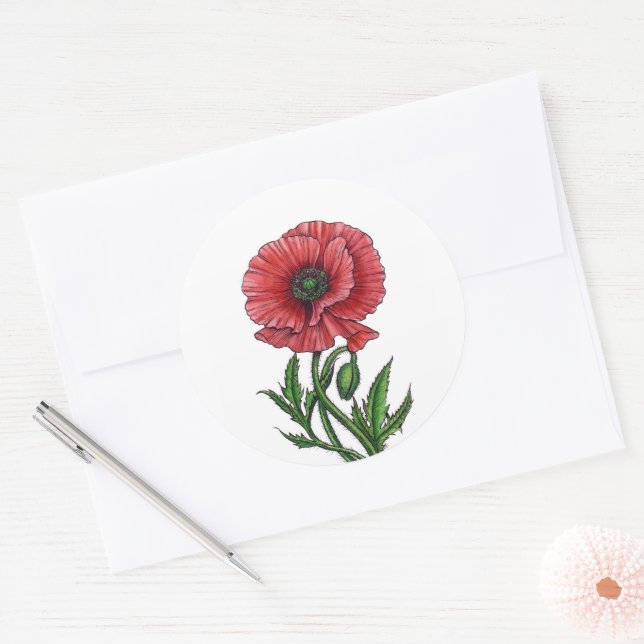 Red poppy, watercolor and ink classic round sticker (Envelope)