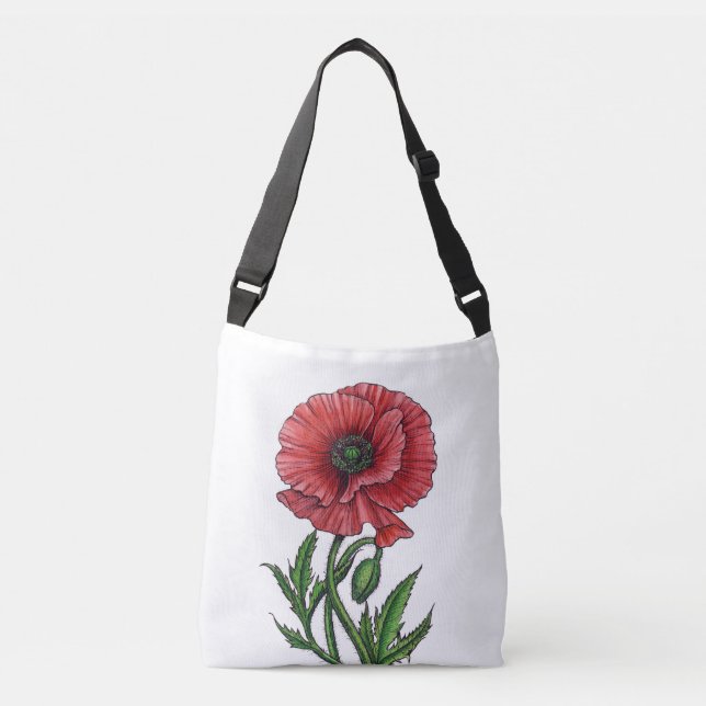 Red poppy, watercolor and ink crossbody bag (Front)