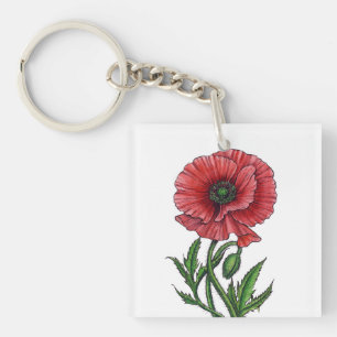 Red poppy, watercolor and ink keychain