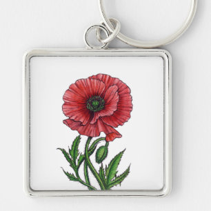 Red poppy, watercolor and ink keychain