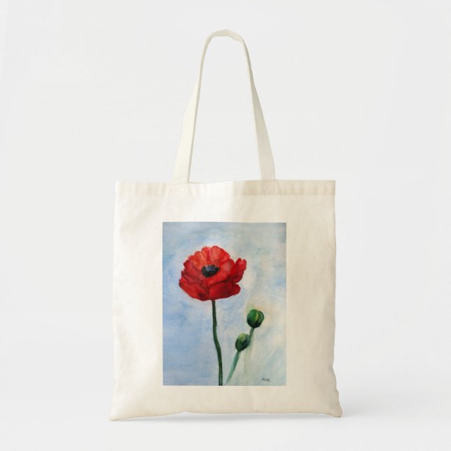 Red Poppy Watercolor Budget Tote Bag (Front)