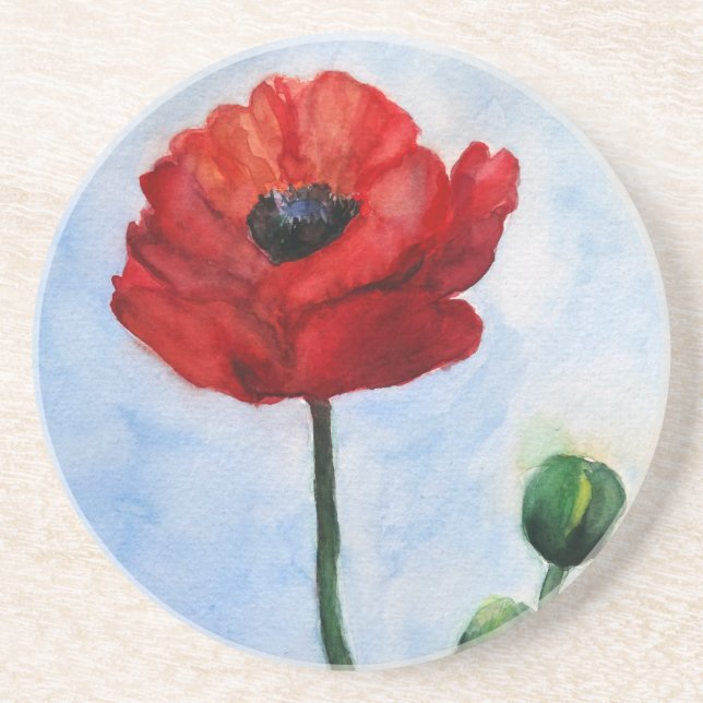 Red poppy watercolor Drink Coaster (Front)