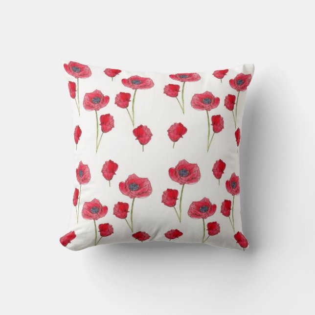 Red Poppy Watercolor Flower Botanical Art Pillow (Front)