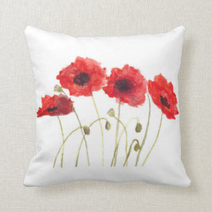 Red Poppy Watercolor Flower Botanical Art Throw Pillow