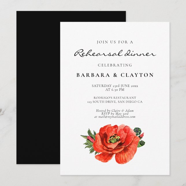 Red poppy watercolor rehearsal dinner invitation (Front/Back)