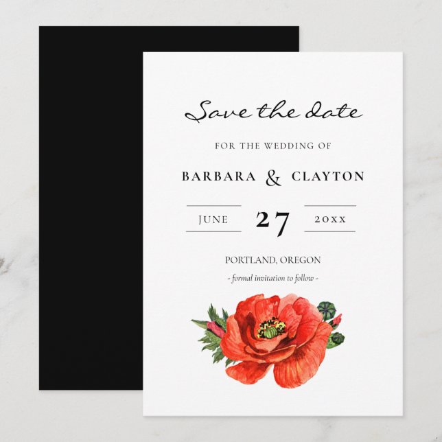 Red poppy watercolor Save the date Invitation (Front/Back)