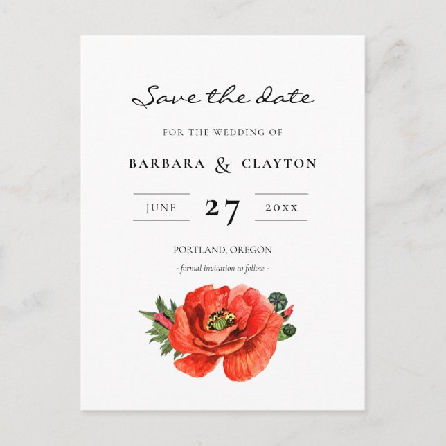 Red poppy watercolor Save the date Postcard (Front)