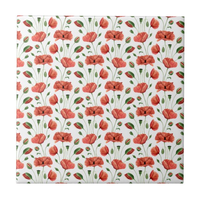 Red Poppy Watercolor Wildflower Ceramic Tile (Front)