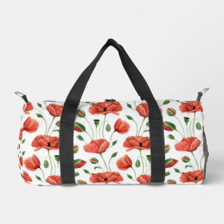 Red Poppy Watercolor Wildflower Duffle Bag