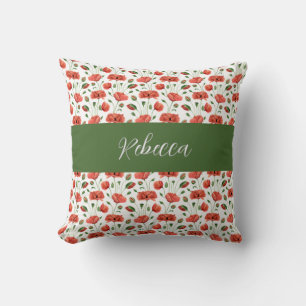 Red Poppy Watercolor Wildflower Monogram Name Throw Pillow