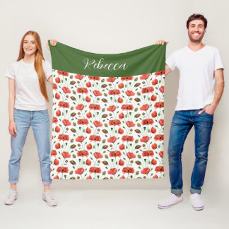 Red Poppy Watercolor Wildflower Name Fleece Blanket