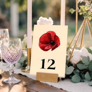Red Poppy Wildflower Garden Floral Wedding Table Number