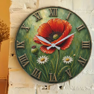 Red Poppy Wildflower Meadow Art Large Clock