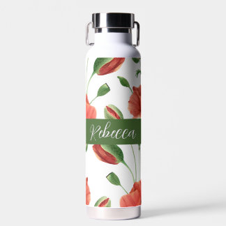 Red Poppy Wildflower Watercolor Monogram Name Water Bottle