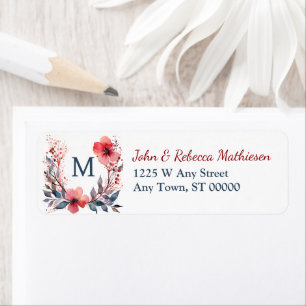 Red Poppy Wreath Teal Monogram Return Address