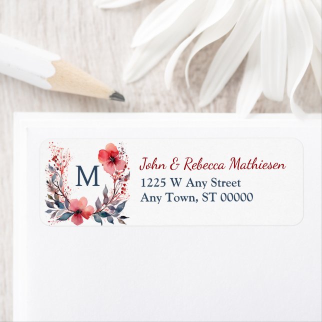 Red Poppy Wreath Teal Monogram Return Address (Insitu)