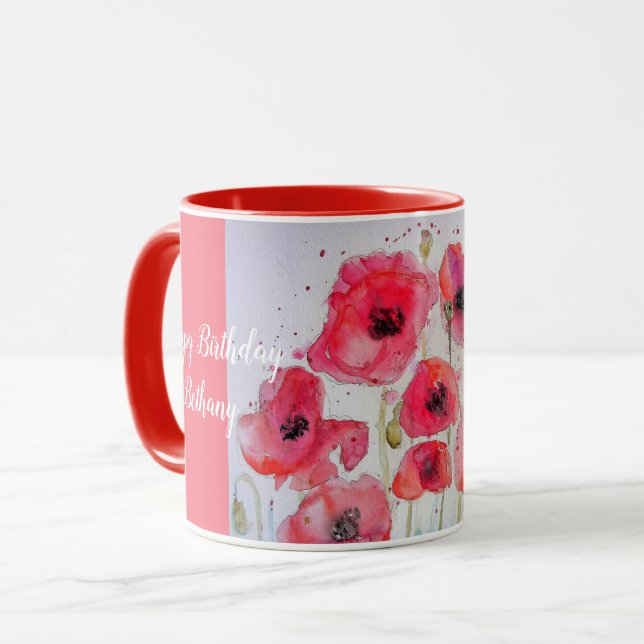 Red Poppys Watercolor Dames nom Mug Scarlet (Devant gauche)