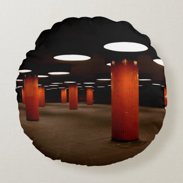 RED POST UNDER CEILING LIGHT AT NIGHT ROUND PILLOW (Front)