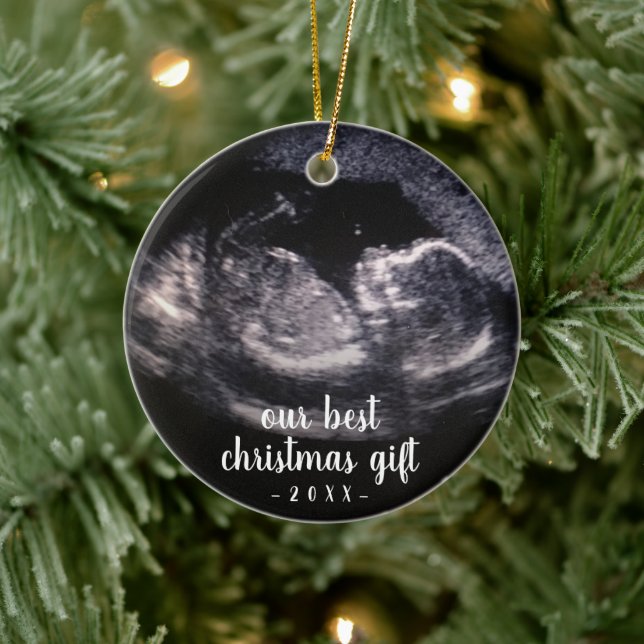 Red Pregnancy Reveal Ultrasound Photo Christmas Ceramic Ornament (Tree)