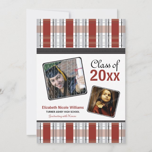 Red Preppy Plaid Custom Graduation Announcement (Front)