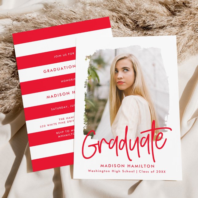 Red | Preppy Script Photo Graduation Party Invitation (Creator Uploaded)