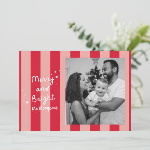 Red Preppy Stripe Merry and Bright Christmas Photo Holiday Card