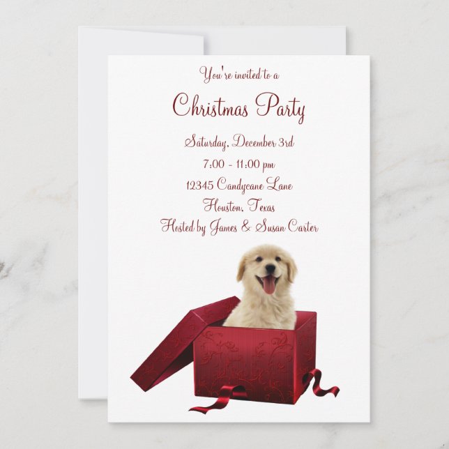 Red Present Puppy Christmas Party Invitations (Front)