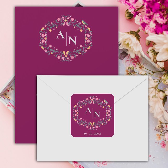 Red Pretty Monogram Cute Colourful Floral Wedding Square Sticker (Red Pretty Monogram Cute Colorful Floral Wedding Square Sticker)