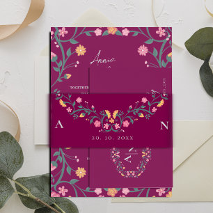 Red Pretty Monogram Initials Floral Wedding Invitation Belly Band