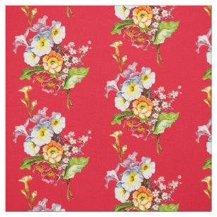 Red Primrose Bouquet Vintage Spring Floral Pattern Fabric