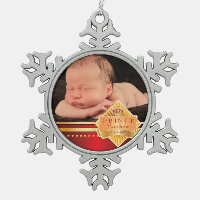 Red Prince Baby Boy Photo Christmas Snowflake Pewter Christmas Ornament (Front)