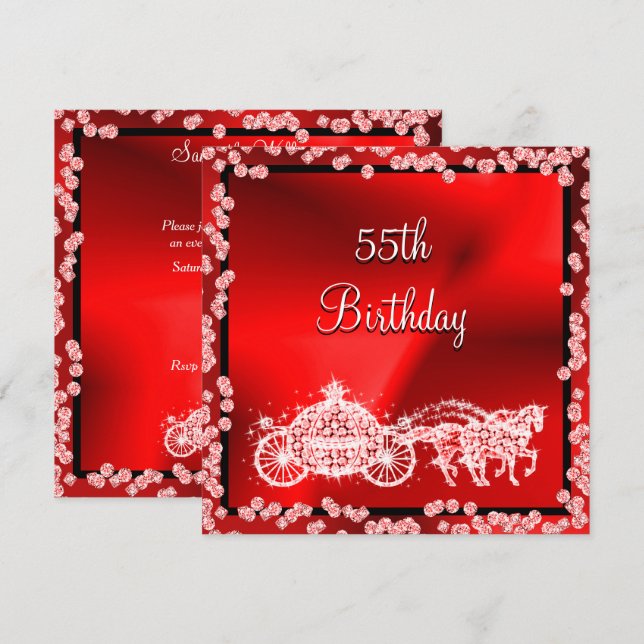 Red Princess Coach & Horses 55th Birthday Invitation (Front/Back)