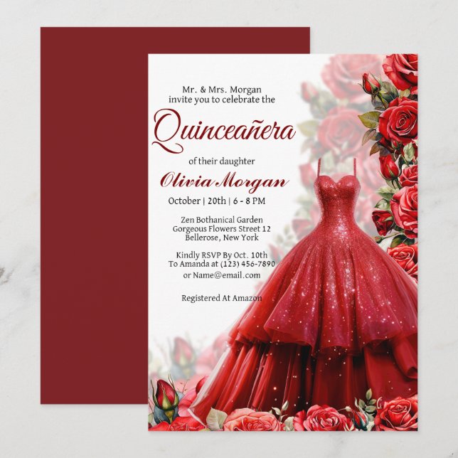 Red Princess Dress Quinceanera Invitation (Front/Back)