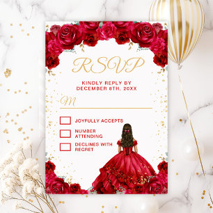 Red Princess Floral Quinceañera RSVP Card