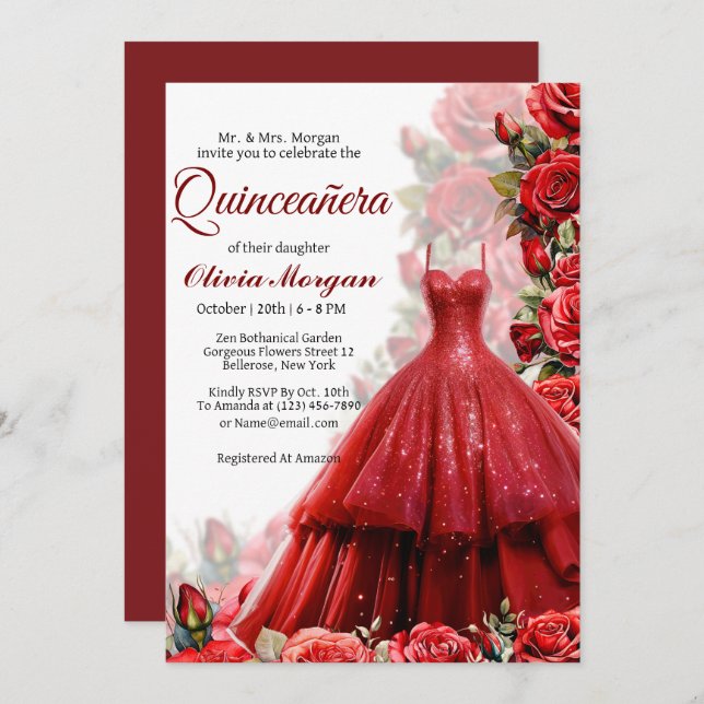 Red Princess Robe Quinceanera Invitation (Devant / Derrière)
