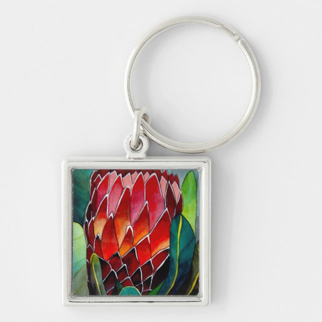 Red Protea flower original watercolour art Keychain (Front)