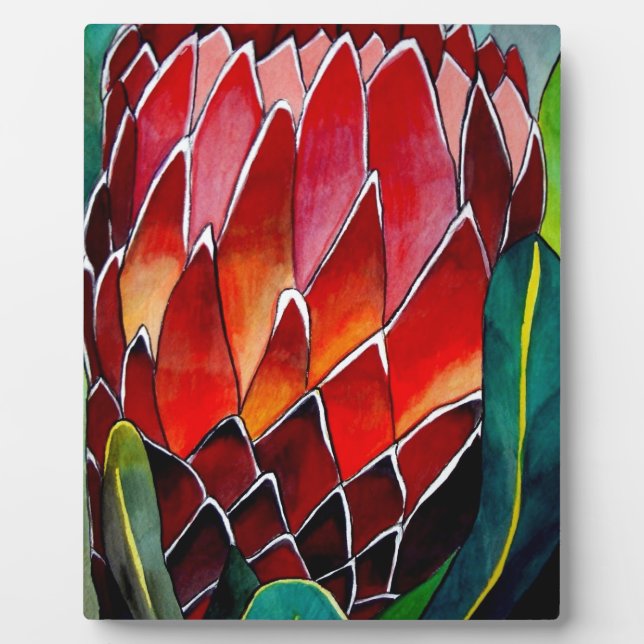 Red Protea flower original watercolour art Plaque (Front)
