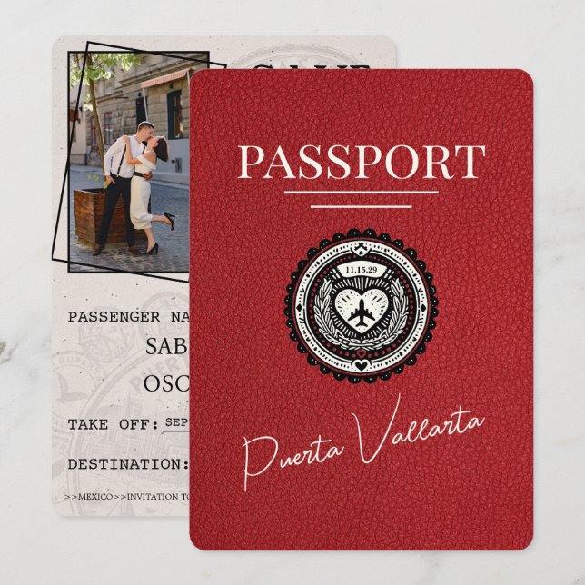 Red Puerta Vallarta Passport Save The Date (Front/Back)