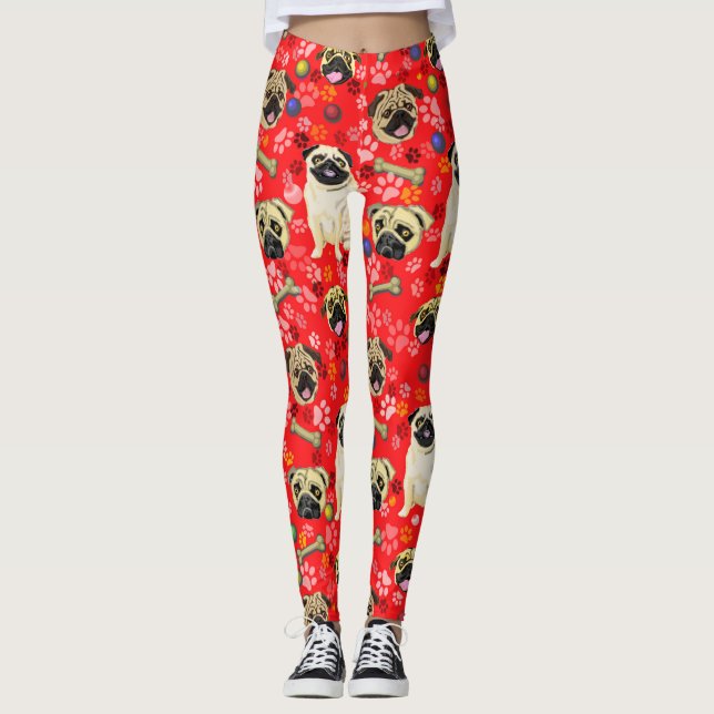 Red Pug Print Leggings (Front)