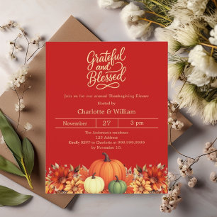 Red pumpkin orange floral Thanksgiving invitation