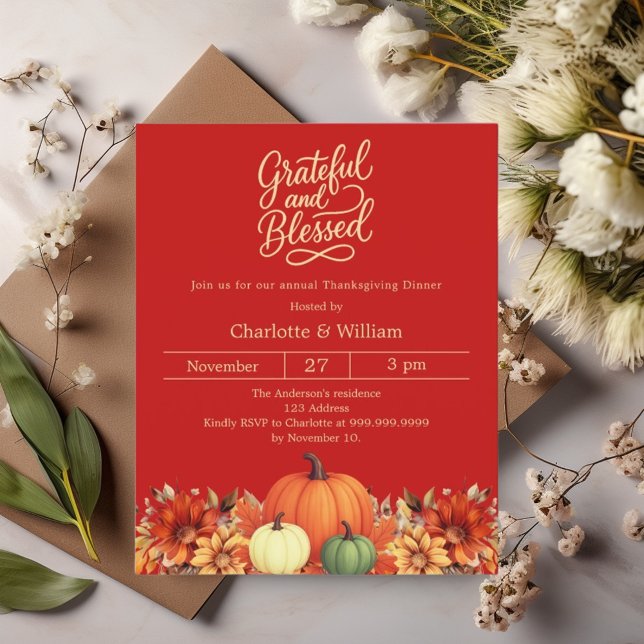 Red pumpkin orange floral Thanksgiving invitation (Creator Uploaded)