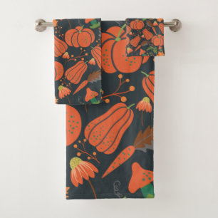 Red pumpkin seamless pattern and carrots bath towel set