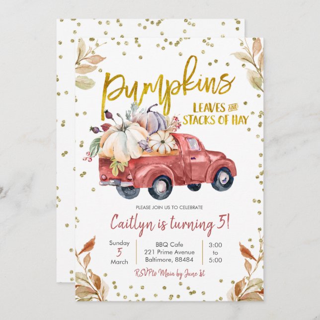 Red Pumpkin Truck Birthday Invitation (Front/Back)