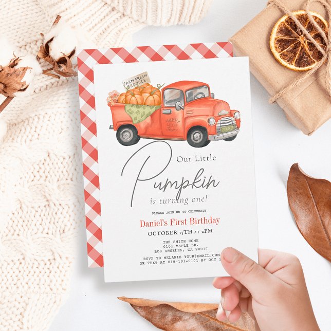 Red Pumpkin Truck Gingham 1st Birthday Invitation (Creator Uploaded)