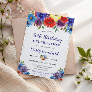 Red, Purple and Blue Summer Flowers 50th Birthday Invitation