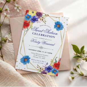 Red, Purple and Blue Summer Flowers Frame Sweet 16 Invitation