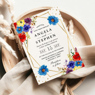 Red, Purple and Blue Summer Flowers Frame Wedding Invitation