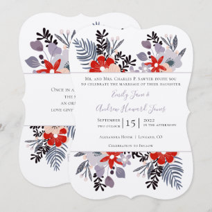 Red Purple and Millennial Floral Ferns Typography Invitation