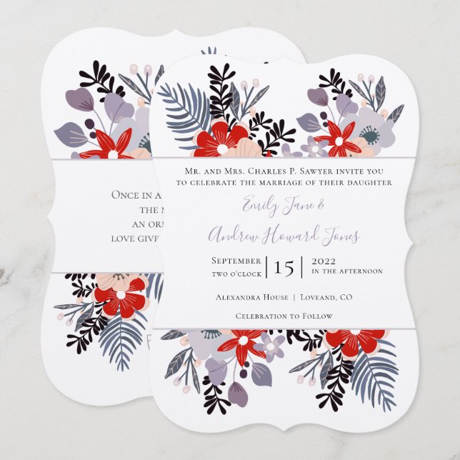 Red Purple and Millennial Floral Ferns Typography Invitation (Front/Back)